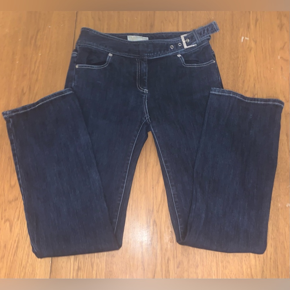 Michael Kors Womens Straight Leg Jeans Rhinestone Buckle Dark Wash Size 4
